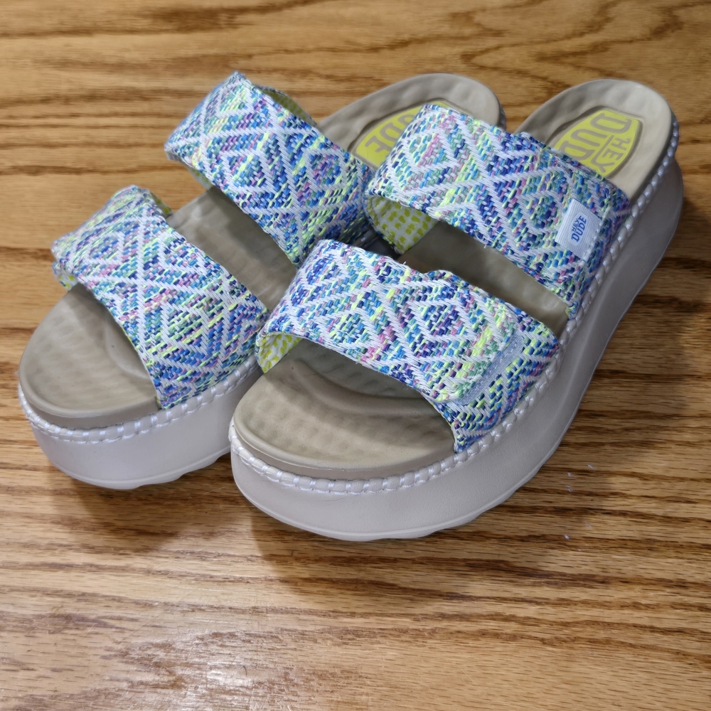 Hey Dude Lime and Blue Patterned Sandals
